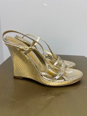 Hugo Boss Gold Metallic Strappy Wedge Sandals